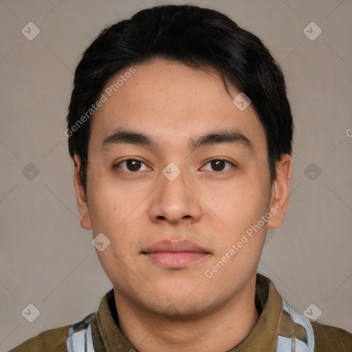 Neutral asian young-adult male with short  black hair and brown eyes