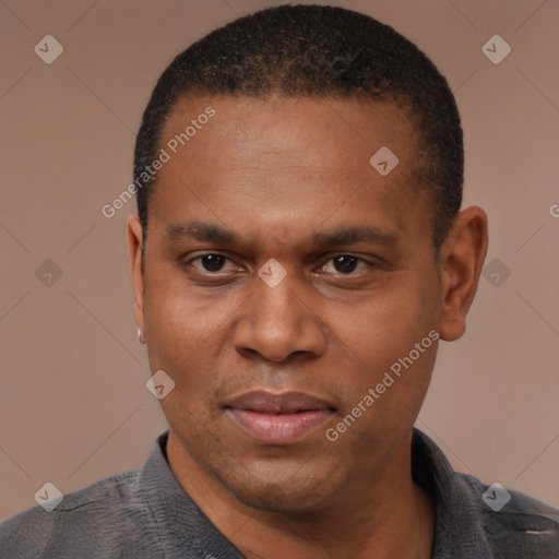Joyful latino adult male with short  black hair and brown eyes