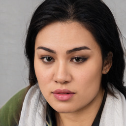 Neutral white young-adult female with long  brown hair and brown eyes