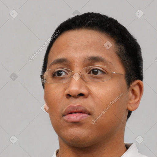 Neutral latino young-adult female with short  black hair and brown eyes