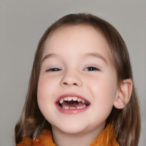 Joyful white child female with medium  brown hair and brown eyes