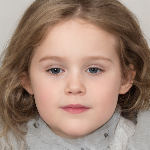 Neutral white child female with medium  brown hair and blue eyes