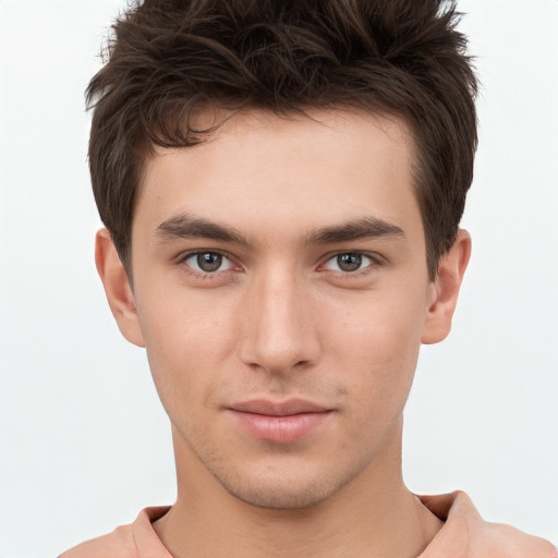 Neutral white young-adult male with short  brown hair and brown eyes