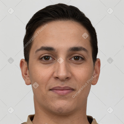 Joyful white young-adult male with short  brown hair and brown eyes