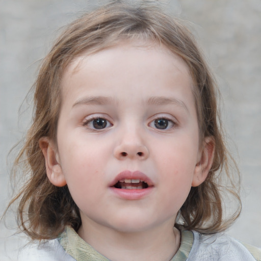 Neutral white child female with medium  brown hair and blue eyes