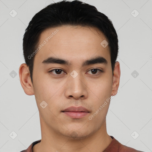 Neutral asian young-adult male with short  black hair and brown eyes