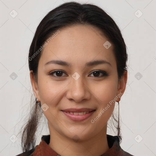 Joyful white young-adult female with long  brown hair and brown eyes