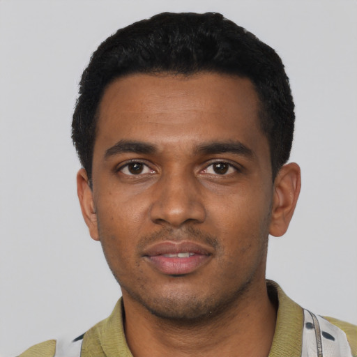 Neutral black young-adult male with short  black hair and brown eyes
