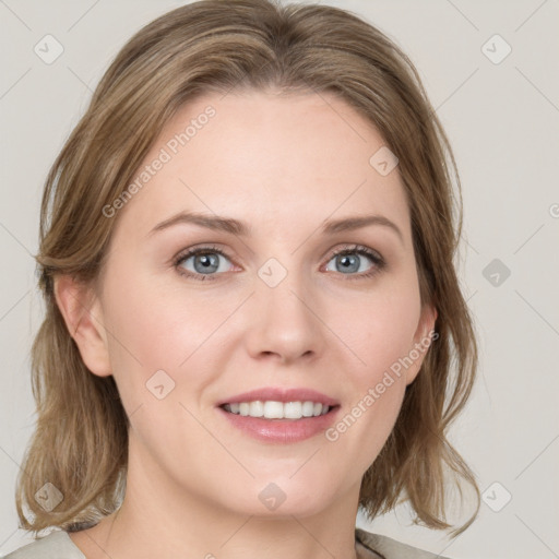 Joyful white young-adult female with medium  brown hair and green eyes