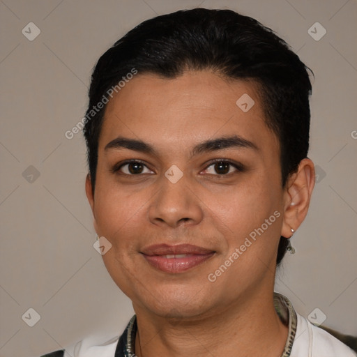 Joyful latino young-adult female with short  black hair and brown eyes