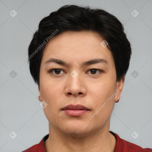 Neutral asian young-adult female with short  black hair and brown eyes