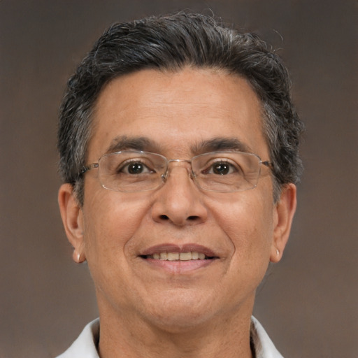 Joyful white middle-aged male with short  brown hair and brown eyes