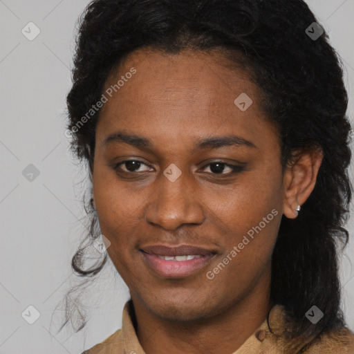 Joyful black young-adult female with medium  brown hair and brown eyes