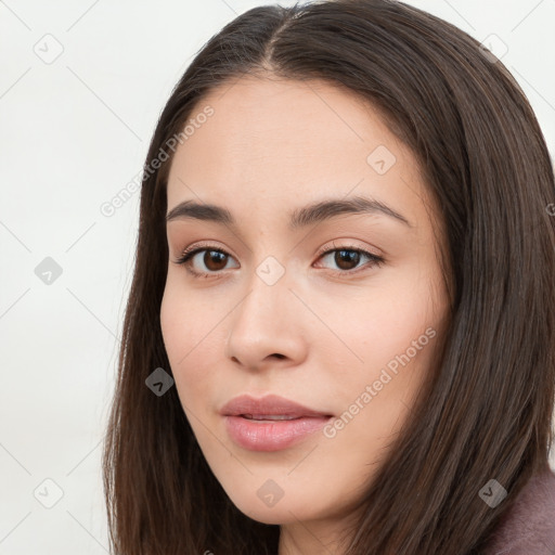 Neutral white young-adult female with long  brown hair and brown eyes