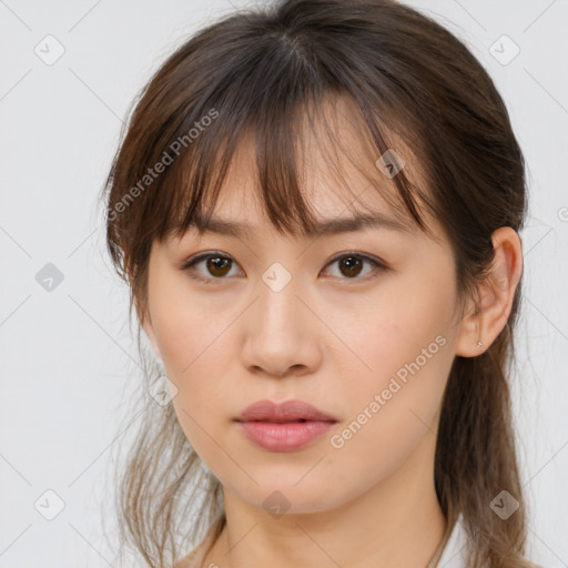 Neutral white young-adult female with medium  brown hair and brown eyes