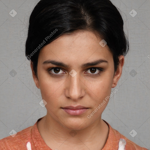 Neutral white young-adult female with short  brown hair and brown eyes