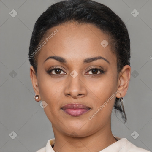 Joyful latino young-adult female with short  brown hair and brown eyes