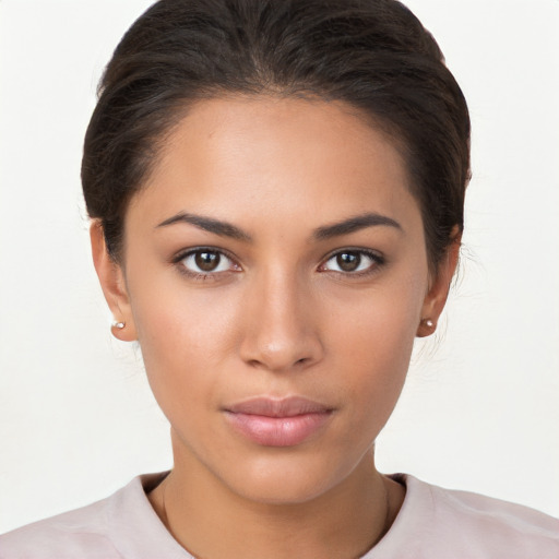 Neutral white young-adult female with short  brown hair and brown eyes