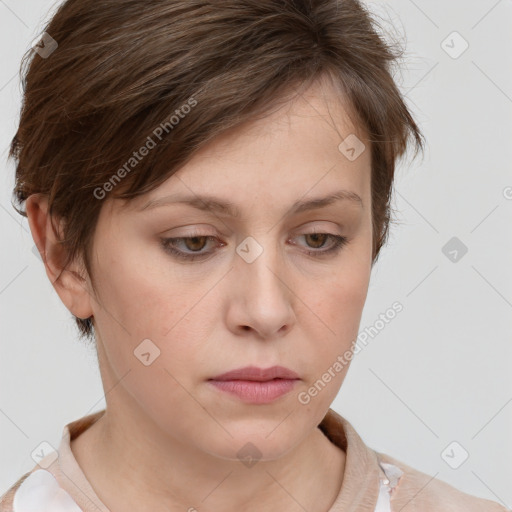 Neutral white young-adult female with short  brown hair and brown eyes