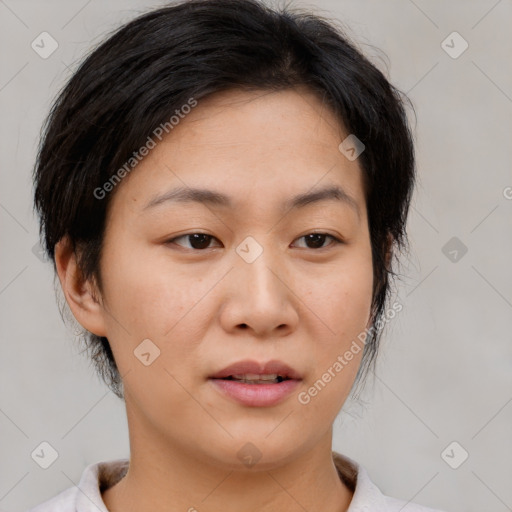 Neutral asian young-adult female with medium  brown hair and brown eyes