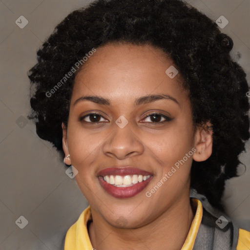 Joyful latino young-adult female with short  black hair and brown eyes