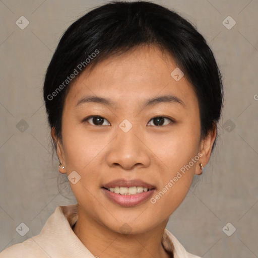 Joyful asian young-adult female with medium  brown hair and brown eyes