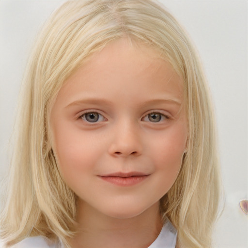 Joyful white child female with long  blond hair and blue eyes