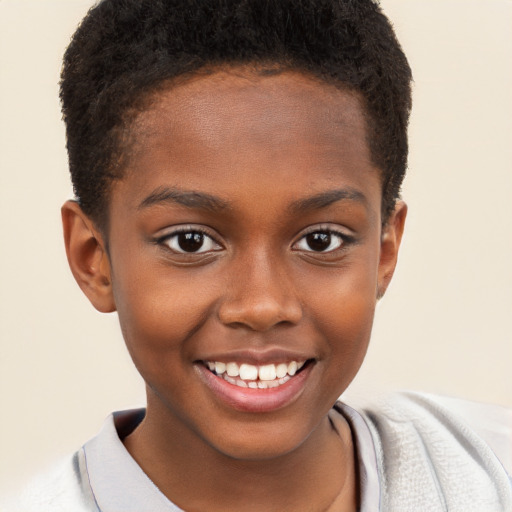 Joyful black child female with short  brown hair and brown eyes