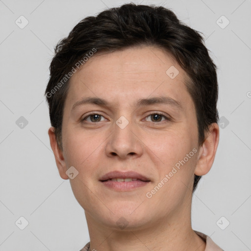 Joyful white adult female with short  brown hair and brown eyes