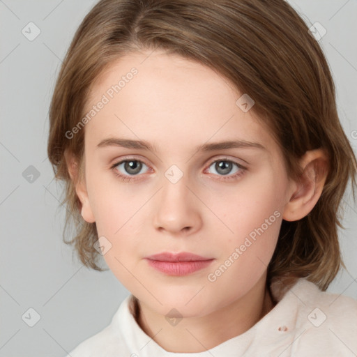 Neutral white young-adult female with medium  brown hair and grey eyes