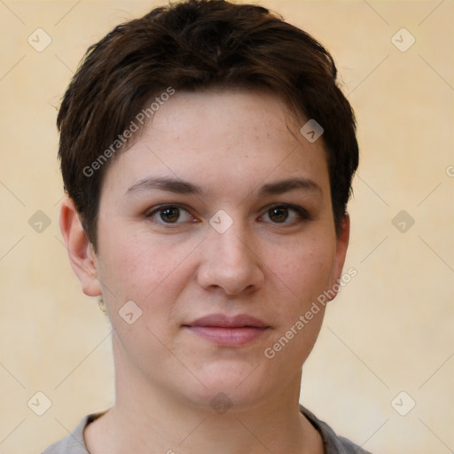 Joyful white young-adult female with short  brown hair and brown eyes