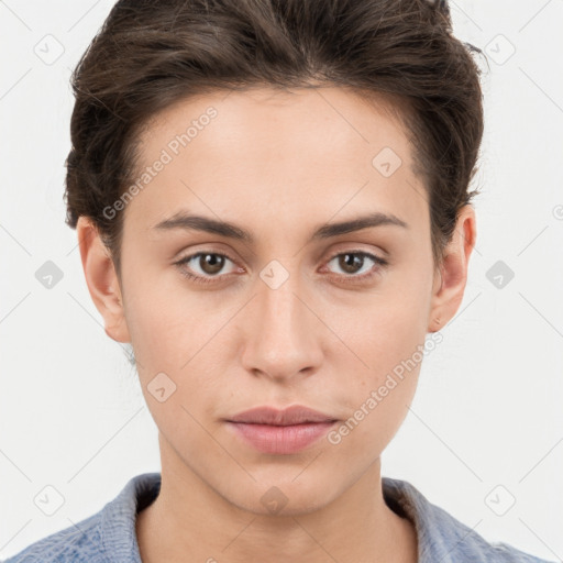 Neutral white young-adult female with short  brown hair and brown eyes