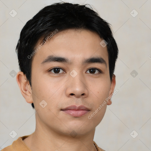 Neutral asian young-adult male with short  black hair and brown eyes