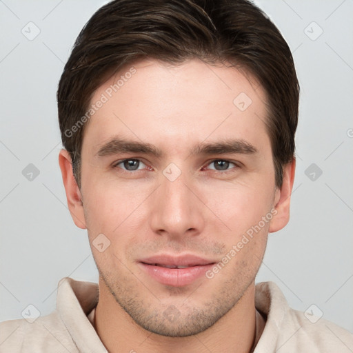 Neutral white young-adult male with short  brown hair and brown eyes