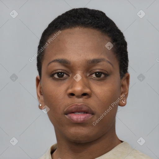 Neutral black young-adult female with short  black hair and brown eyes