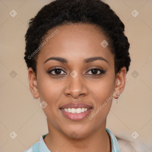 Joyful latino young-adult female with short  black hair and brown eyes