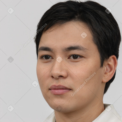 Neutral asian young-adult male with short  black hair and brown eyes