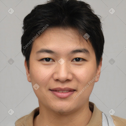 Joyful asian young-adult female with short  brown hair and brown eyes