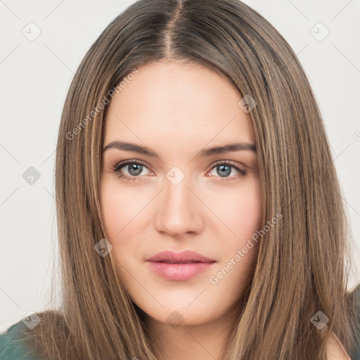 Neutral white young-adult female with long  brown hair and brown eyes