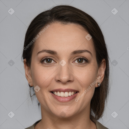 Joyful white young-adult female with medium  brown hair and grey eyes