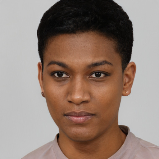 Neutral black young-adult female with short  black hair and brown eyes