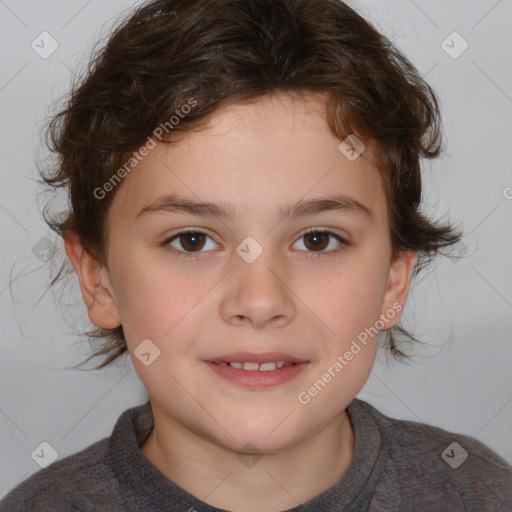 Joyful white child female with medium  brown hair and brown eyes