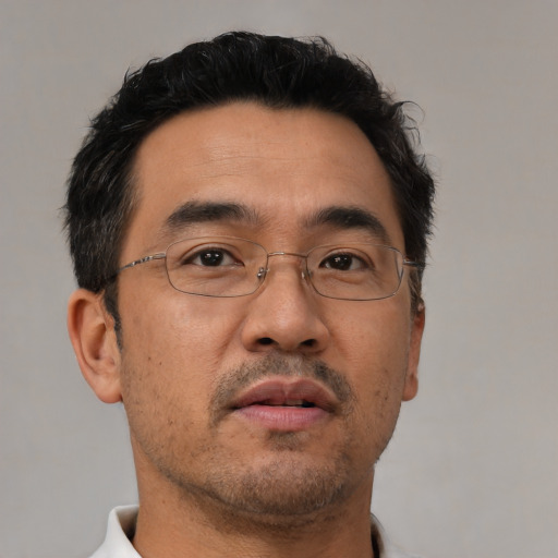 Neutral asian adult male with short  brown hair and brown eyes
