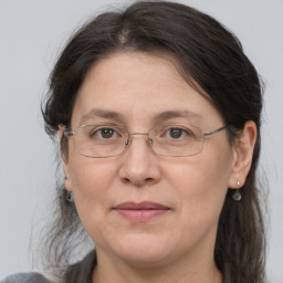 Joyful white adult female with medium  brown hair and grey eyes