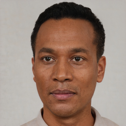 Neutral black adult male with short  black hair and brown eyes