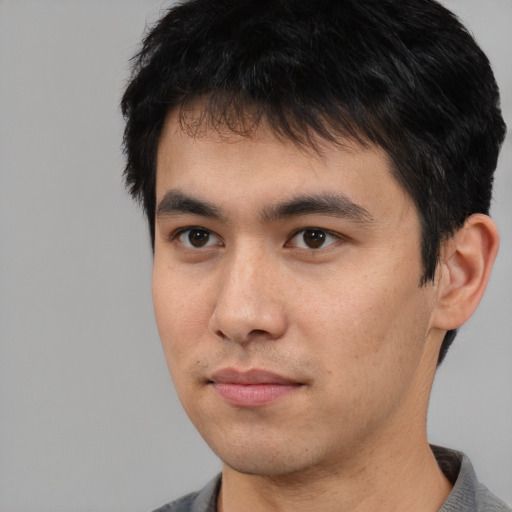 Neutral asian young-adult male with short  black hair and brown eyes