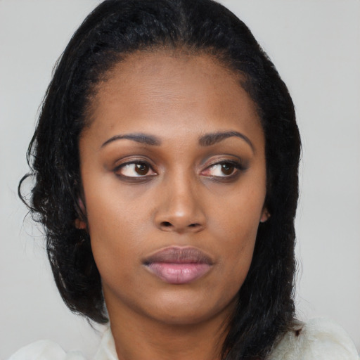 Neutral asian young-adult female with long  black hair and brown eyes