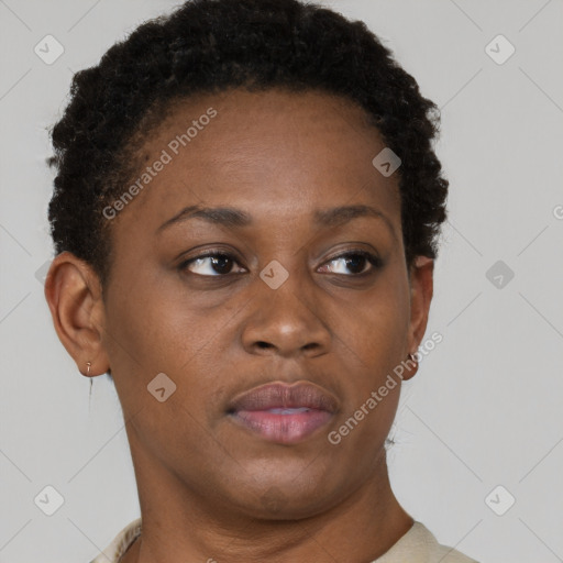 Neutral black young-adult female with short  brown hair and brown eyes