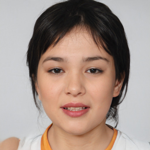 Joyful white young-adult female with medium  black hair and brown eyes