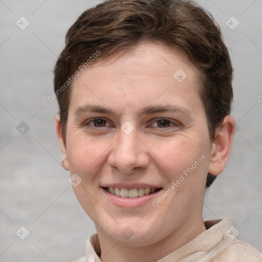 Joyful white young-adult female with short  brown hair and grey eyes